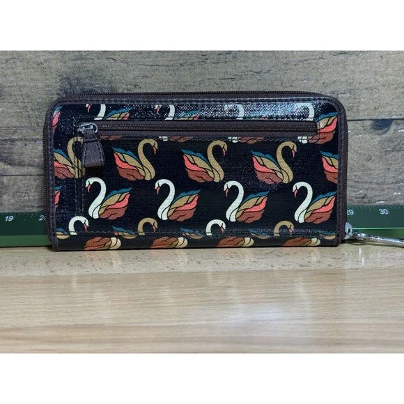 NEW Authentic Fossil Key-Per Brown/Orange Swan Print Card Wallet Fall Colors - Picture 5 of 16